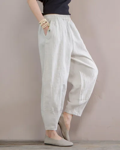 Vista 4 de IXIMO Pantalones 100% lino para mujer, ajuste relajado, farol, recortados, con cintura elástica