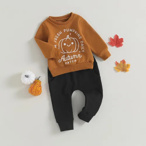 Vista 3 de Covvoliy Conjunto de sudadera de calabaza para bebé y niña, para Halloween, para otoño e invierno