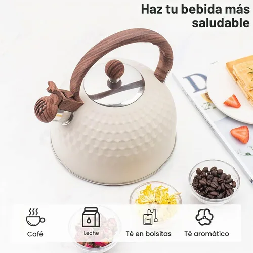 Vista 4 de Whistling - Tetera de acero inoxidable con mango anticalor de grano de madera, cubierta cilíndrica de acero inoxidable de grano de madera, 2.6