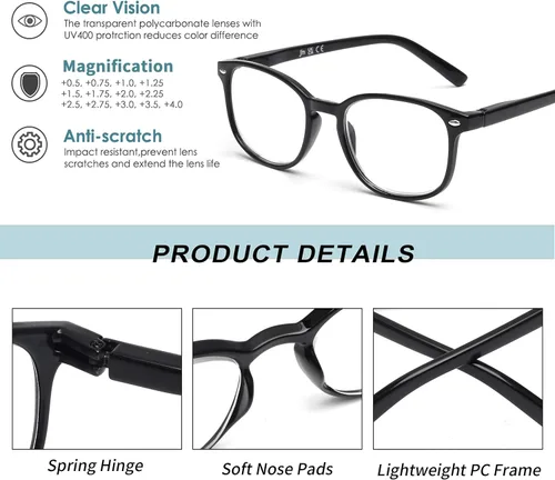 Vista 5 de JM Juego de 4 lentes de lectura con bisagra de resorte de calidad, para hombres y mujeres, Paquete de 4 (negro, azul marino, tortuga, tortuga gris)