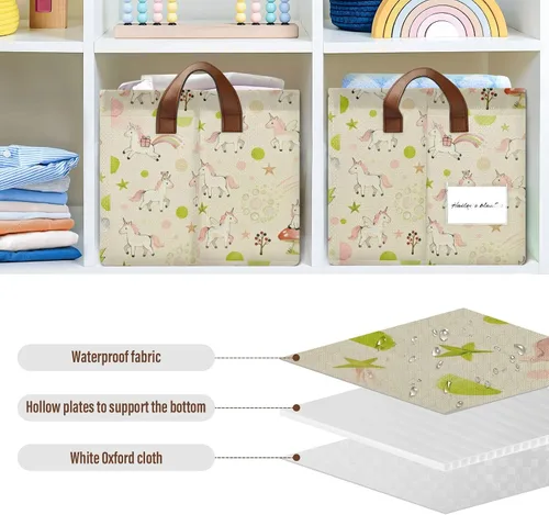 Vista 6 de Cesta de almacenamiento resistente con diseño de uncorns, color rosa y verde, organizador decorativo grande con asas, organizador de ropa