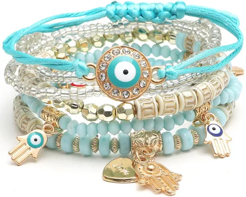 Vista 5 de Caiyao Juego de pulseras apilables de varias capas con cuentas de mal de ojo bohemio, multicolor, dije de ojo boho, semilla, Hamsa Fátima, colgante