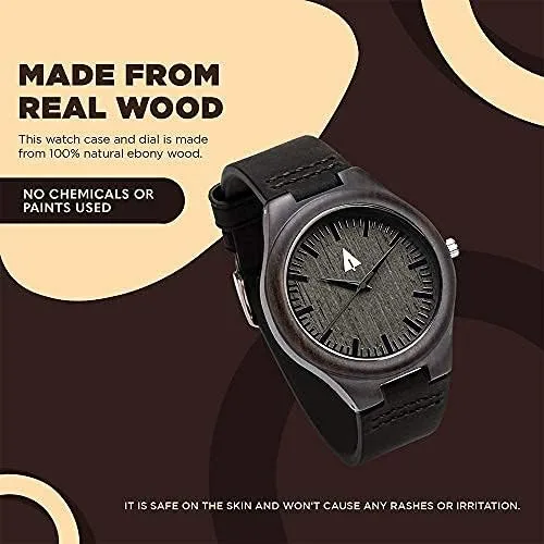 Vista 6 de treehut Reloj de madera de ébano para hombre con correa de cuero negro genuino..., Negro Natural 4, Reloj de cuarzo