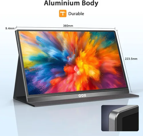 Vista 7 de QQH Monitor portátil, pantalla de viaje de aleación USB C HDMI de 15.6 pulgadas FHD 1080P para computadora portátil con cubierta inteligente