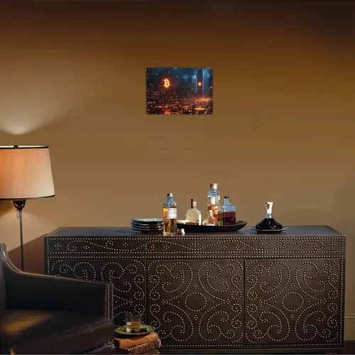 Vista 6 de Bitcoin Cityscape - Letrero de metal con diseño de paisaje urbano vintage, letrero de lata de viaje retro para hombre, cueva, bar, garaje