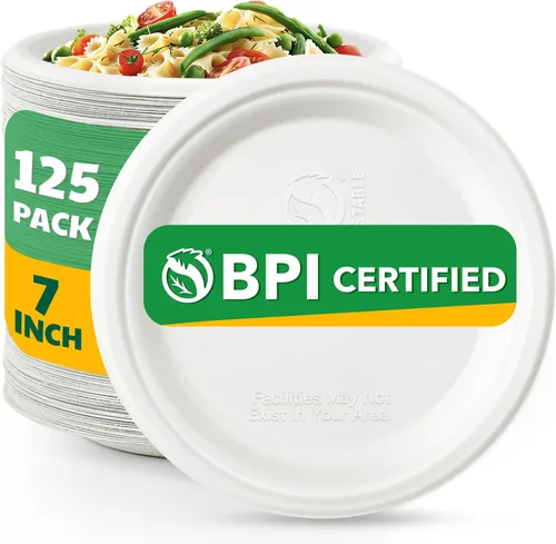 Vista 8 de 125 unidades de platos de papel compostables, platos desechables resistentes de 6 pulgadas por bagazo biodegradable, platos de postre a granel