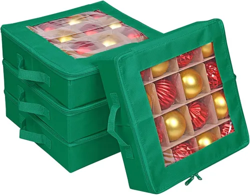 Vista 8 de ProPik 4 cajas de almacenamiento de adornos navideños con divisores, cierre de cremallera superior transparente, 4 bandejas individuales para Gris