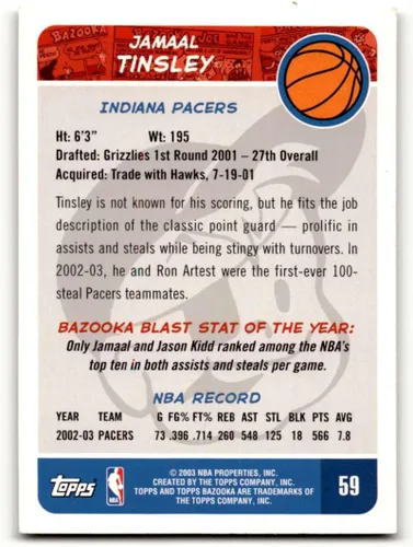 Vista 2 de 2003 Bazooka #59 Jamaal Tinsley Indiana Pacers Basketball Cards EX/NM Basketball Card