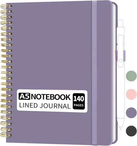 Vista 9 de YOXMJDB Cuaderno rayado en espiral, pequeño cuaderno de rayas universitarias A5 con soporte para bolígrafo, cuaderno de tapa dura de 140 páginas