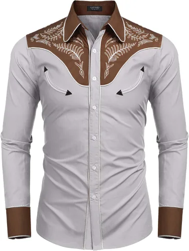 Vista 4 de COOFANDY Camisa vaquera de manga larga bordada con botones para hombre