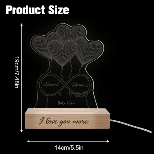 Vista 3 de Regalo del día de San Valentín, luz nocturna personalizada, lámpara de foto 3D personalizada, nombre grabado de corazón Shpe, regalo de aniversario