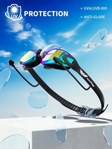 Vista 2 de Paquete de 2 gafas de natación sin fugas, antivaho y UV, gafas de natación para adultos, hombres y mujeres, lentes de policarbonato con espejo HD