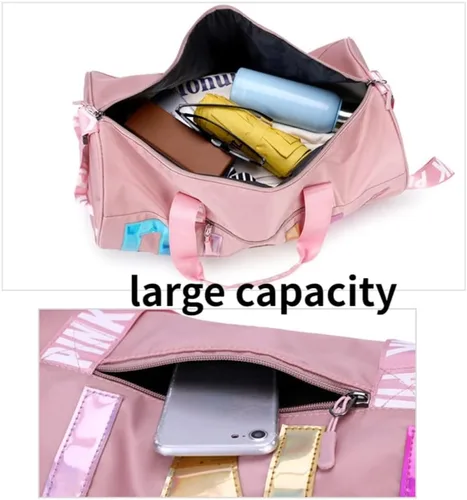 Vista 4 de GUMII Bolsa deportiva grande para mujer, bolsa de lona rosa, bolsa de gimnasio, bolsa de viaje, bolsa de entrenamiento, bonita bolsa