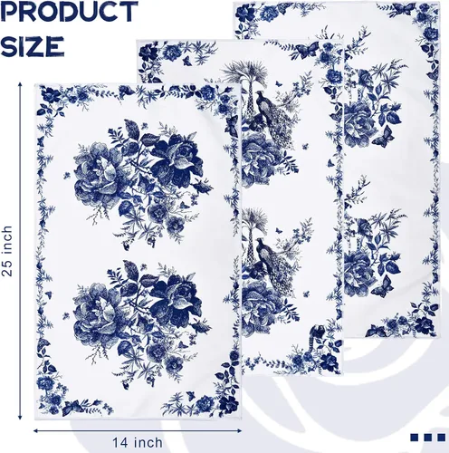 Vista 3 de Geiserailie 6 paños de cocina chinoiserie florales azules y blancos de 15 x 24 pulgadas, diseño de pájaro, flor de pavo real, alce, toalla de cocina