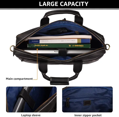 Vista 6 de LEATHER VILLAGE 16" Bolsa de Mensajero para Laptop de Cuero para Hombres - Bolso de Hombro de Cuero para Viaje y Oficina - Negro