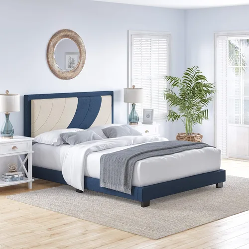 Vista 12 de Beaumont - Cama de plataforma tapizada con cabecero, base de colchón con 14 soportes de listones de madera, no requiere somier, piel sintética