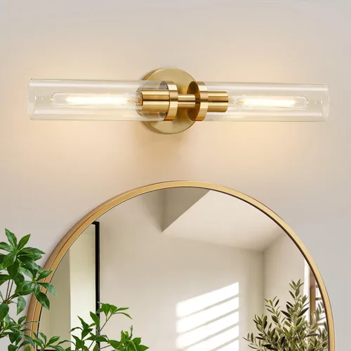 Vista 13 de Indoi Apliques de pared de níquel cepillado, apliques de baño cableados con vidrio transparente, modernos accesorios de tocador de baño para espejo