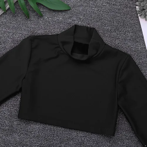 Vista 5 de Camiseta corta de manga larga para niñas y niñas, con cuello alto falso, para ballet, danza, gimnasia, yoga, animadora