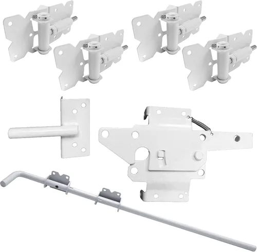 Vista 12 de Kit de herrajes para valla de vinilo de cierre automático, color blanco, puerta individual con 2 bisagras y pestillo