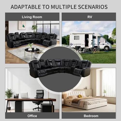 Vista 7 de Sofá modular reclinable eléctrico para sala de estar, moderno juego de sofá modular de cuero negro en forma de L, juego de sofá reclinable