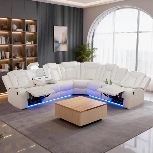 Vista 10 de Juego de sofá reclinable eléctrico, juegos de muebles de sala de estar, juego de sofá modular de cuero con luces LED, portavasos, consola