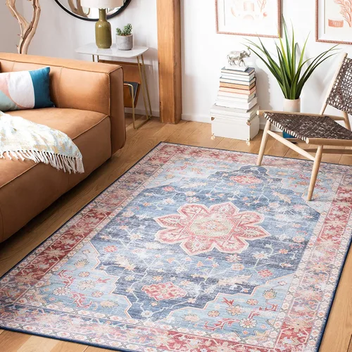Vista 8 de SAFAVIEH Alfombra lavable Tucson Collection - 2 pies 6 pulgadas x 4 pies, azul y resistente al óxido, antideslizante, ideal para zonas de alto