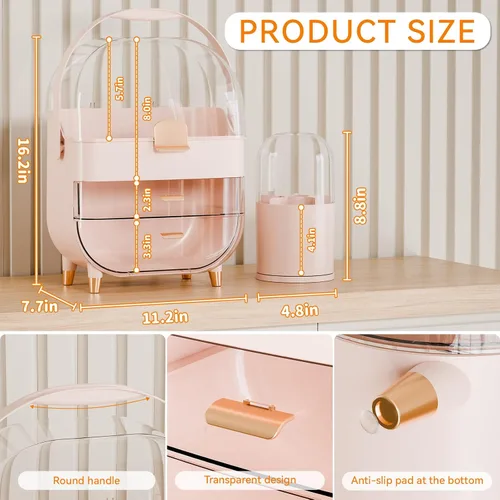 Vista 3 de Yieach Organizador de maquillaje de encimera para tocador, organizador de cuidado de la piel de gran capacidad con cajones y soporte para brochas
