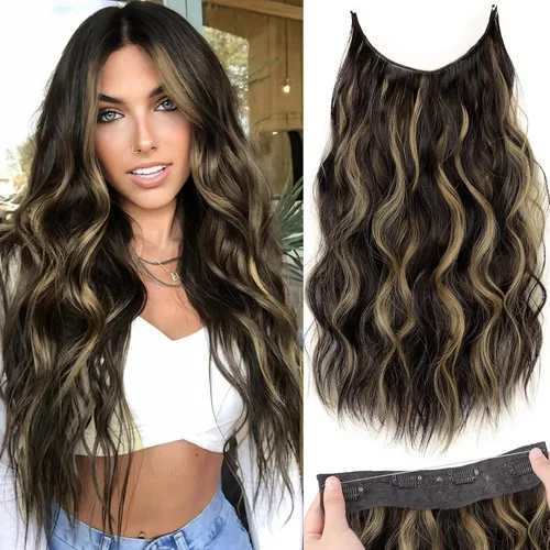 Vista 100 de KooKaStyle - Extensiones de cabello con hilo invisible, diadema transparente, ajustables, 4 clips fijadores, cabello largo y ondulado de 12