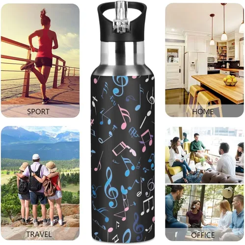 Vista 5 de Colorful Musical Notes Insulated Stainless Steel Water Bottle with Straw 20 Oz Leakproof Water Bottles, BPA-Free Sports Water Bottle with Straw