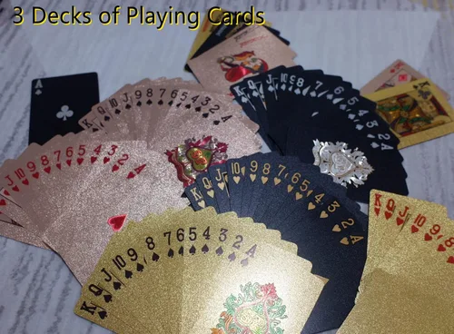 Vista 4 de 3 barajas de cartas impermeables de plástico para jugar cartas de póquer, color negro y oro rosa, cartas temáticas estándar de póquer impermeables
