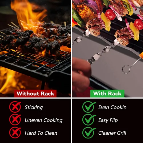 Vista 12 de Brocheta de acero inoxidable de 13.8 pulgadas, soporte universal compatible con madera, acero redondo, pinchos planos y de bambú, accesorios