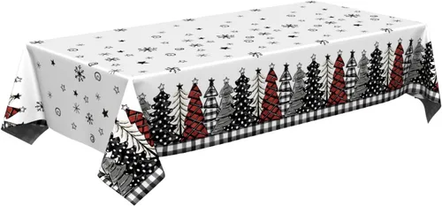 Vista 7 de Horaldaily 1 paquete de mantel desechable de Navidad, cubierta de mesa rectangular de plástico con árboles de nieve para decoración de fiesta