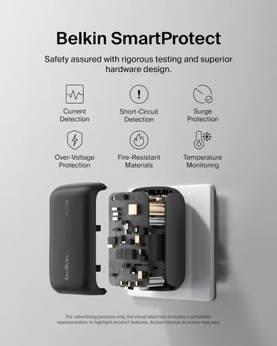 Vista 5 de Belkin Bloque de cargador de doble puerto de 42 W, cargador USB-C + USB-A de carga súper rápida - Samsung Galaxy S26, Apple iPhone 17, Air, Pro, Pro