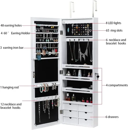 Vista 4 de Armario de joyería con espejo de longitud completa, estante de 4 capas, organizador de joyas montado en la pared con 8 luces LED, armario de joyería