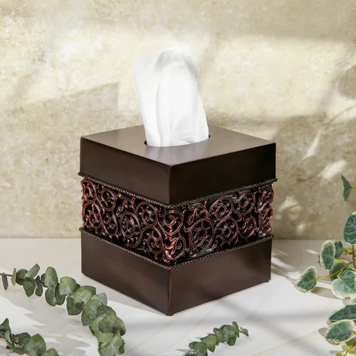 Vista 4 de Essentra Home Cubierta cuadrada para caja de pañuelos con acabado de bronce para encimeras de tocador de baño, también ideal para dormitorios