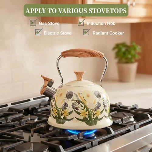 Vista 6 de Tea Kettle for Stove Top, 2.7 Quart Floral Whistling Kettle Tea Pots Stainless Steel Tea Pots with Wood Pattern Folding Handle for Boiling Water