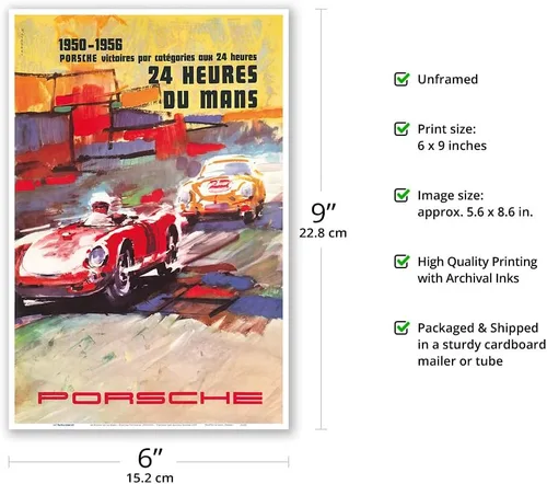 Vista 2 de 24 Hours of Le Mans - 1950-1956 Porsche Victories - Vintage Car Racing Poster c.1957 - Master Art Print (Unframed) 6in x 9in