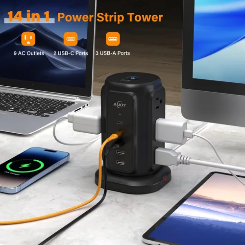 Vista 2 de AiJoy Power Strip Tower con 9 salidas de CA y estación de carga de 5 puertos USB 1200J Surge Protector, 6.5 Feet Extension Cord with Multiple
