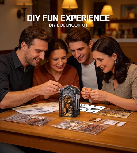 Vista 5 de Spilay Kit de rincón de libros para adultos, kit de casa de muñecas en miniatura con luz LED, rompecabezas de madera 3D, decoración creativa