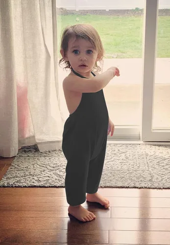 Vista 2 de Mono holgado con tirantes sin espalda para niñas pequeñas, lindo peto halter tipo harén con bolsillos