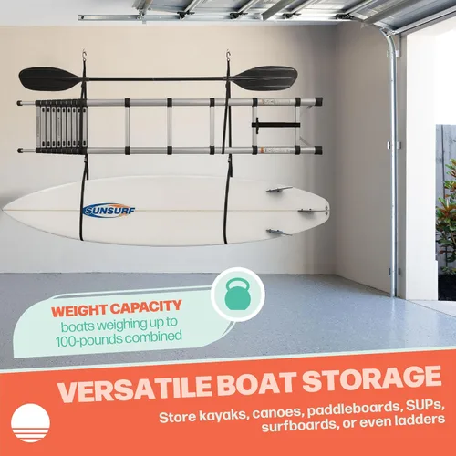 Vista 6 de Kayak Rack -Capacity Wall or Ceiling Storage Straps for Surfboards, Paddleboards, SUP, or Canoe - Adjustable Kayak Hanger by RAD Sportz