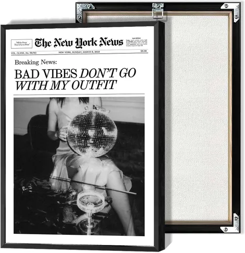 Vista 4 de Arte de pared en lienzo en blanco y negro con titulares de revistas de tendencia, póster de noticias, imagen divertida de hora feliz, impresiones