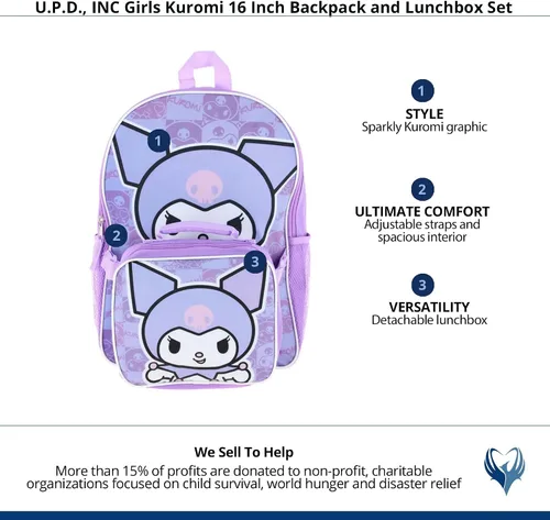 Vista 5 de Fast Forward Hello Kitty Kuromi - Mochila escolar de 16 pulgadas y bolsa de almuerzo rectangular adjunta