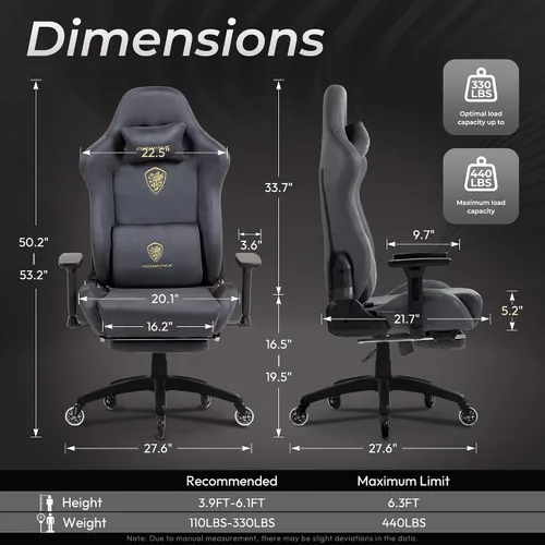 Vista 3 de Dowinx Silla de juegos grande y alta con tela de gamuza transpirable, sillas de juego para adultos con asiento grueso de gran tamaño para 440 Gris