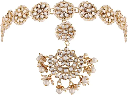 Vista 6 de I Jewels Sheeshphool/Mathapatti de Kundan Floral de la India chapado en oro con perlas para bodas de Bollywood para mujer (T206-7)