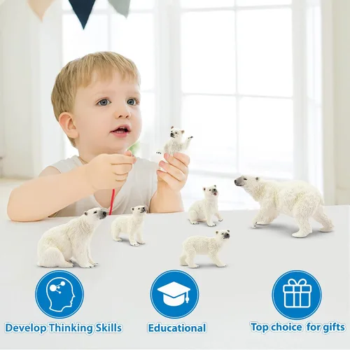 Vista 9 de Toymany 6 figuras de oso polar con cachorro de oso polar, figuras realistas de animales árticos de 2 a 4 pulgadas, juego familiar para Navidad