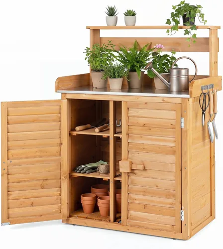 Vista 11 de Goplus Garden Potting Bench Table with Stainless Steel Tabletop