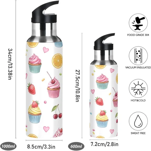 Vista 2 de Insulated Water Bottle 32 Oz, BPA-Free Sport Water Bottle Insulated for Gym Outdoor Travel School, Colorful Cupcakes