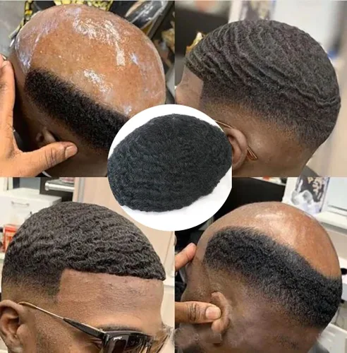 Vista 13 de SIMBEAUTY Cabello humano Remy indio 360 ondulado, 0.394 pulgadas, base de piel de tupé rizado, 10 x 8 pulgadas, para hombres negros con sistema