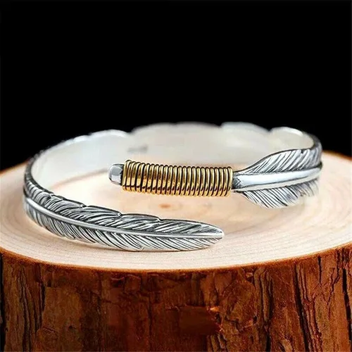 Vista 5 de Beccalame Silver Feather Bracelet Lucky Hope Cuff Jewelry Simple Retro For Women Men